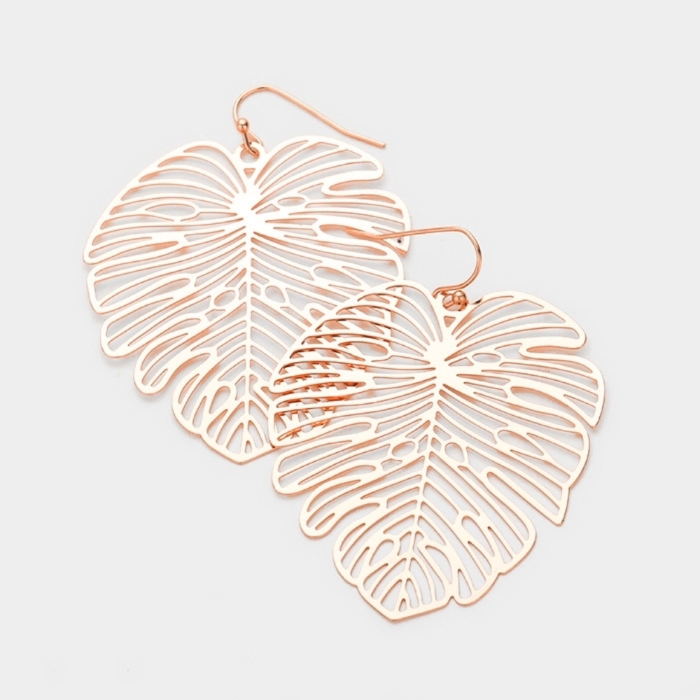 Rose Gold Tropical Leaf Dangle Earrings Womans Metal Drop Fashion Jewelry